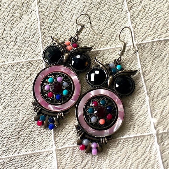 Jewelry - Owl Earrings - Dangle, metal, inlay, cabochon